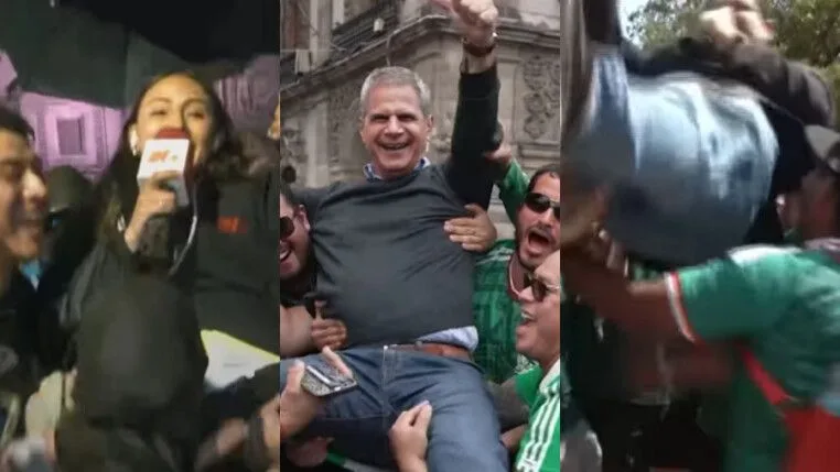 Torcida mexicana arremessa repórteres ao vivo em celebração viral na Copa - Portal38